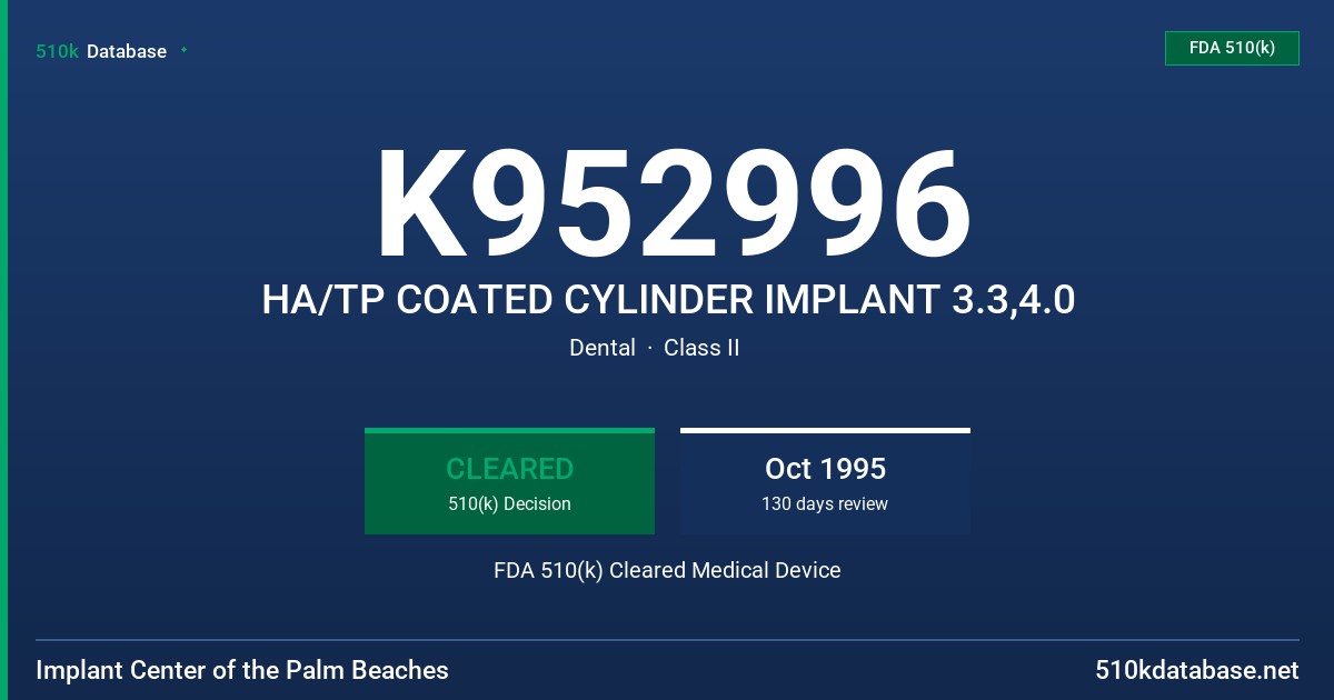 K952996 HA/TP COATED CYLINDER IMPLANT 3.3,4.0 FDA 510(k) Cleared Medical Device