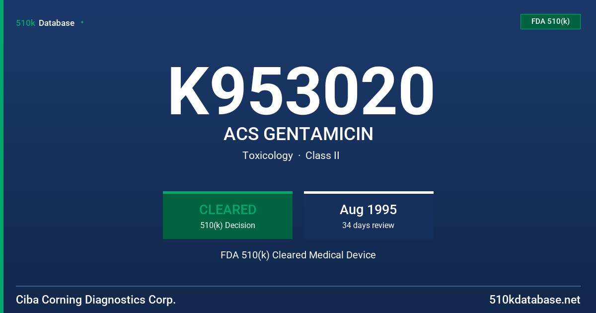 K953020 ACS GENTAMICIN FDA 510(k) Cleared Medical Device