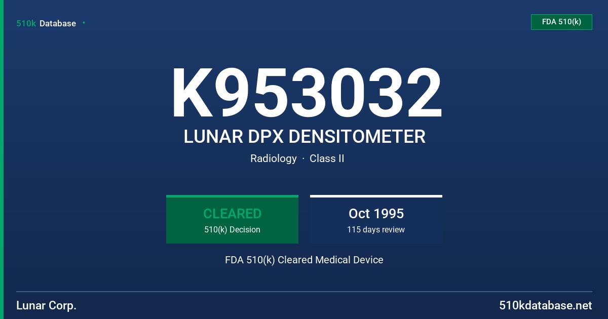 K953032 LUNAR DPX DENSITOMETER FDA 510(k) Cleared Medical Device