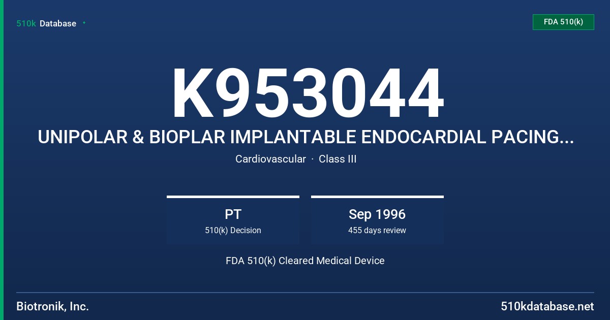 K953044 UNIPOLAR & BIOPLAR IMPLANTABLE ENDOCARDIAL PACING LEADS, WITH SILICONE RUBBER INSULATION & PASSIVE FIXATION FDA 510(k) Cleared Medical Device