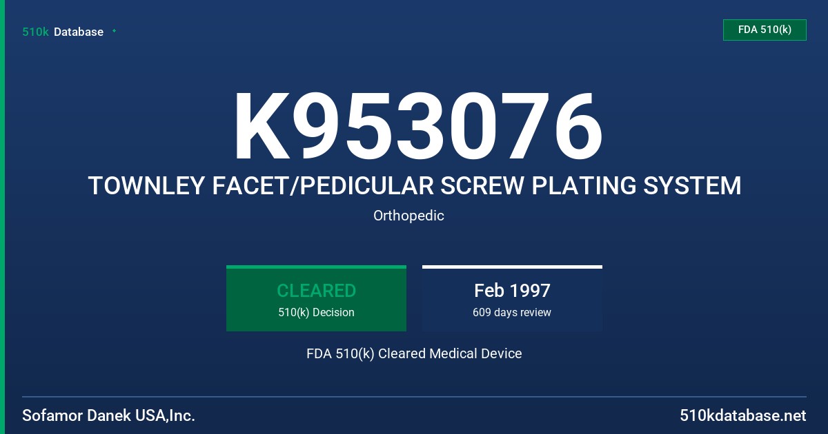 K953076 TOWNLEY FACET/PEDICULAR SCREW PLATING SYSTEM FDA 510(k) Cleared Medical Device