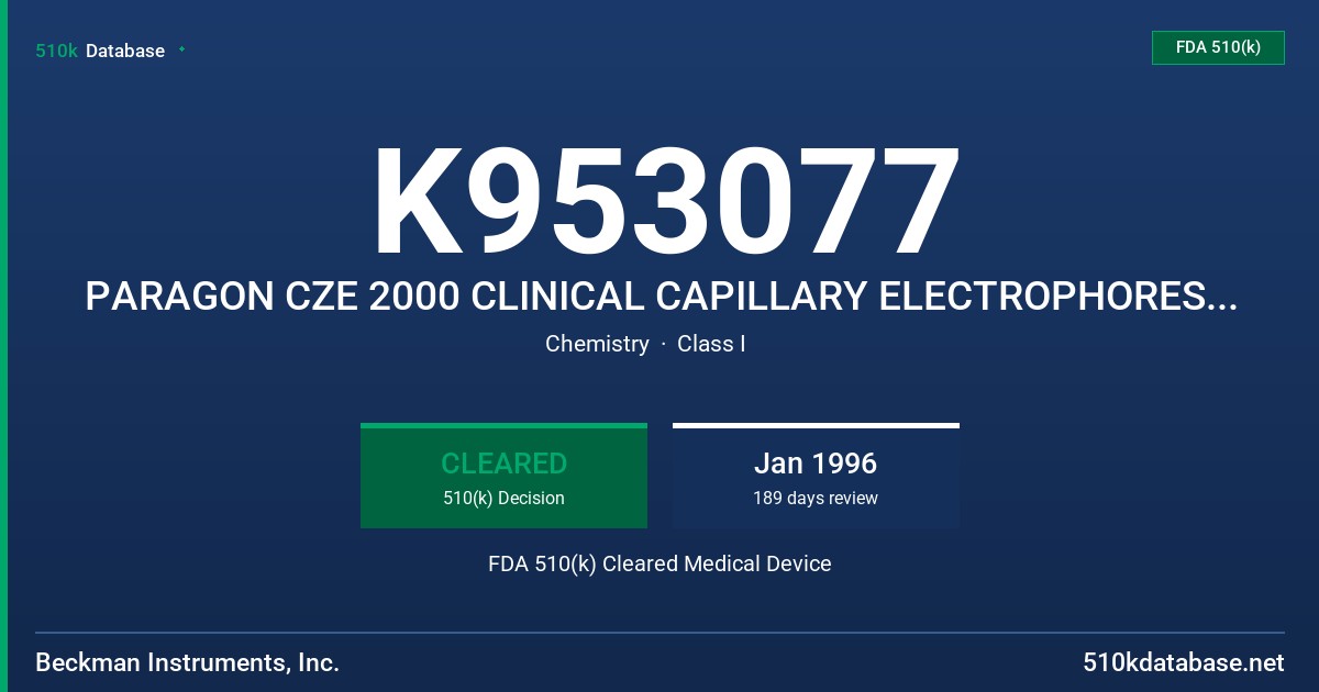 K953077 PARAGON CZE 2000 CLINICAL CAPILLARY ELECTROPHORESIS SYSTEM FDA 510(k) Cleared Medical Device