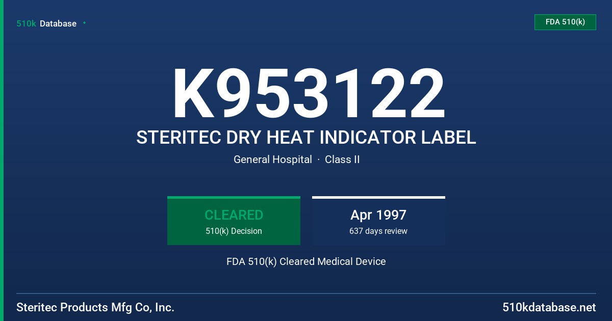 K953122 STERITEC DRY HEAT INDICATOR LABEL FDA 510(k) Cleared Medical Device