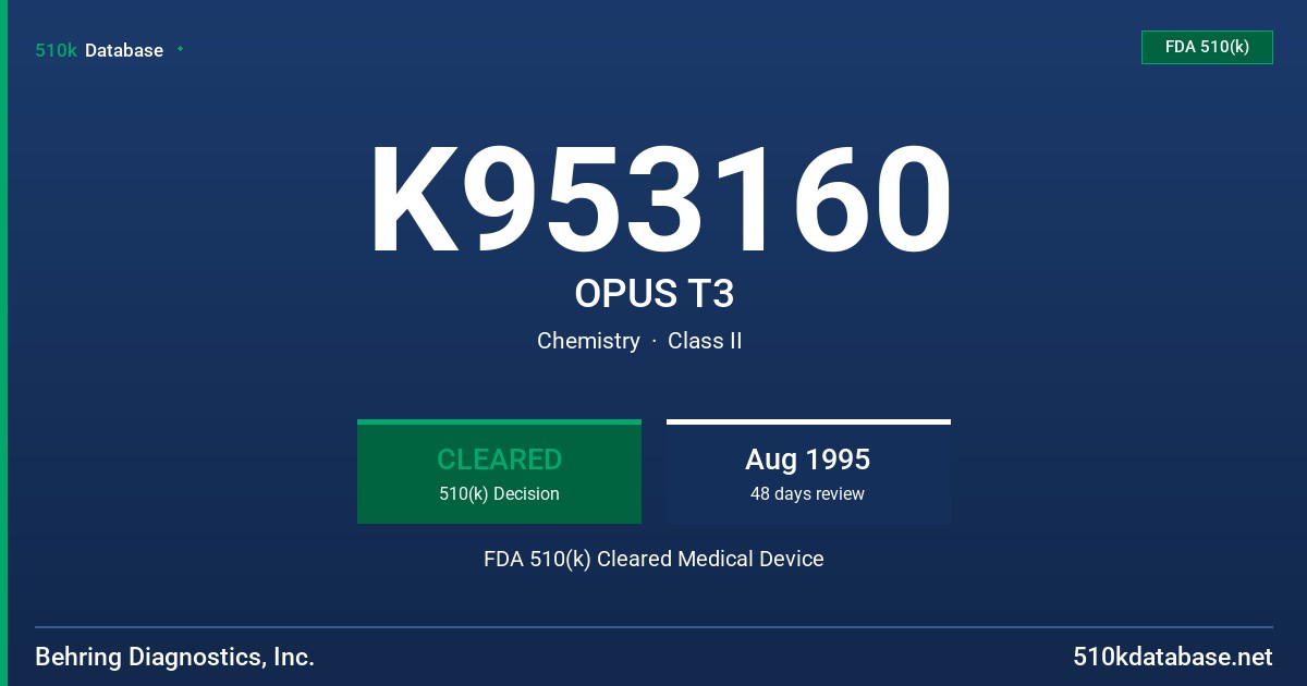 K953160 OPUS T3 FDA 510(k) Cleared Medical Device