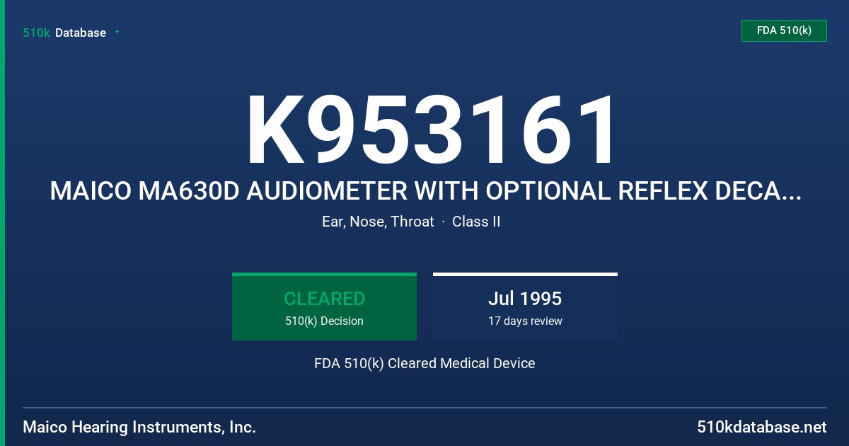 K953161 MAICO MA630D AUDIOMETER WITH OPTIONAL REFLEX DECAY & EUSTACHIAN TUBE FUNCTION FDA 510(k) Cleared Medical Device