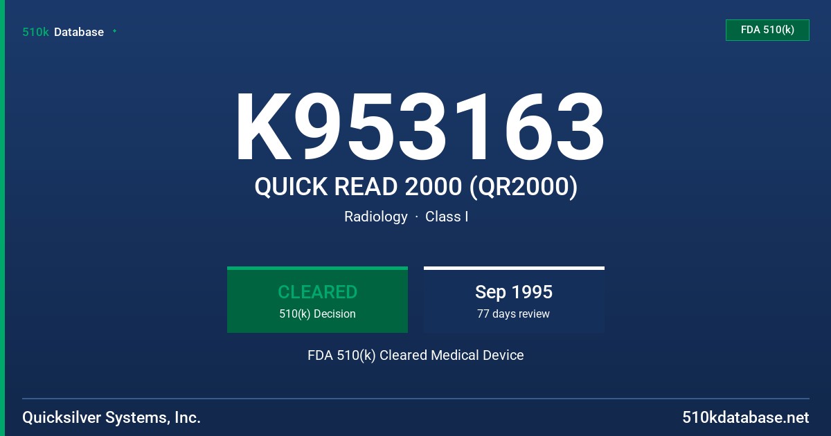 K953163 QUICK READ 2000 (QR2000) FDA 510(k) Cleared Medical Device
