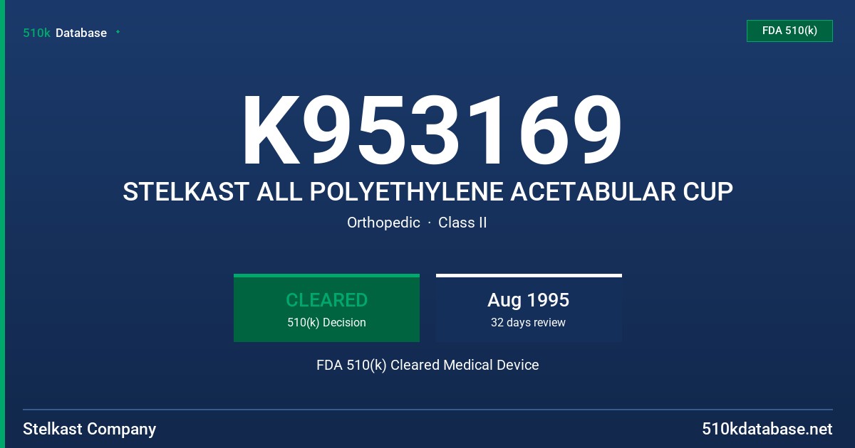 K953169 STELKAST ALL POLYETHYLENE ACETABULAR CUP FDA 510(k) Cleared Medical Device