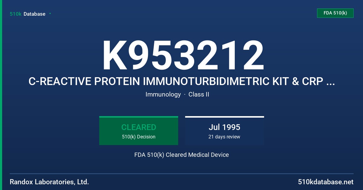 K953212 C-REACTIVE PROTEIN IMMUNOTURBIDIMETRIC KIT & CRP CALIBRATOR FDA 510(k) Cleared Medical Device