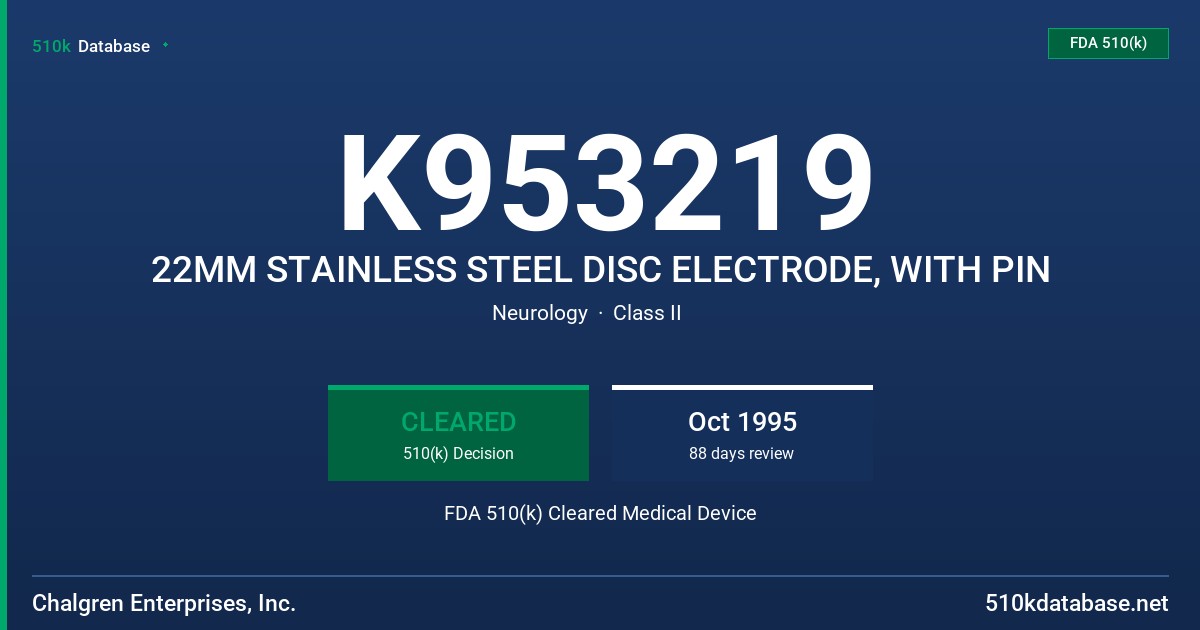 K953219 22MM STAINLESS STEEL DISC ELECTRODE, WITH PIN FDA 510(k) Cleared Medical Device