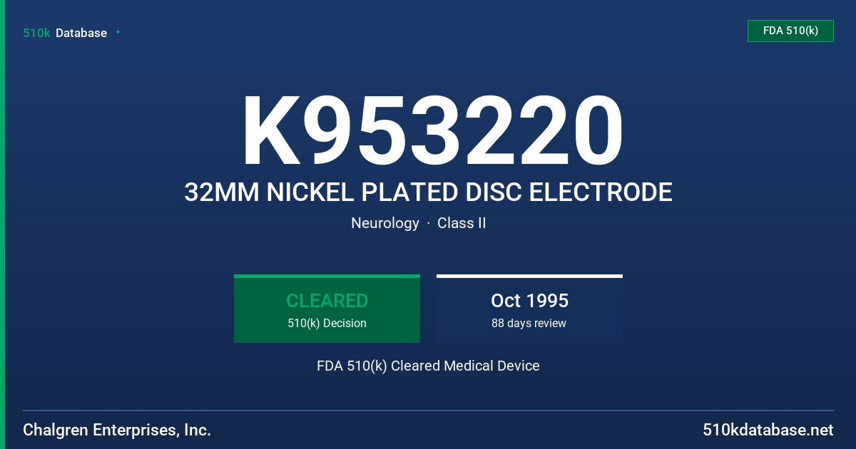 K953220 32MM NICKEL PLATED DISC ELECTRODE FDA 510(k) Cleared Medical Device
