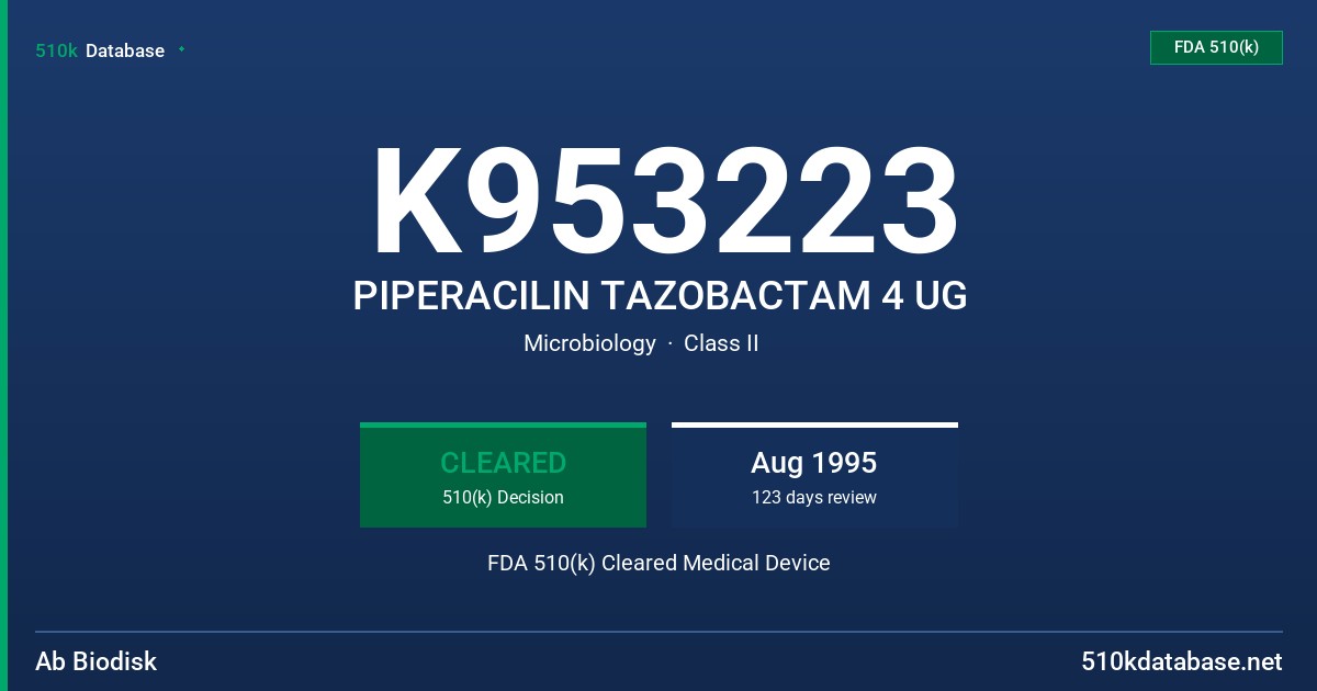 K953223 PIPERACILIN TAZOBACTAM 4 UG FDA 510(k) Cleared Medical Device