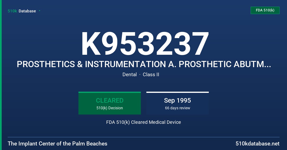 K953237 PROSTHETICS & INSTRUMENTATION A. PROSTHETIC ABUTMENTS 4, 5, 6 DIAMETER, GRADE 3, B. IRRIGATION DRILLS, TOOLING & PREANG' FDA 510(k) Cleared Medical Device