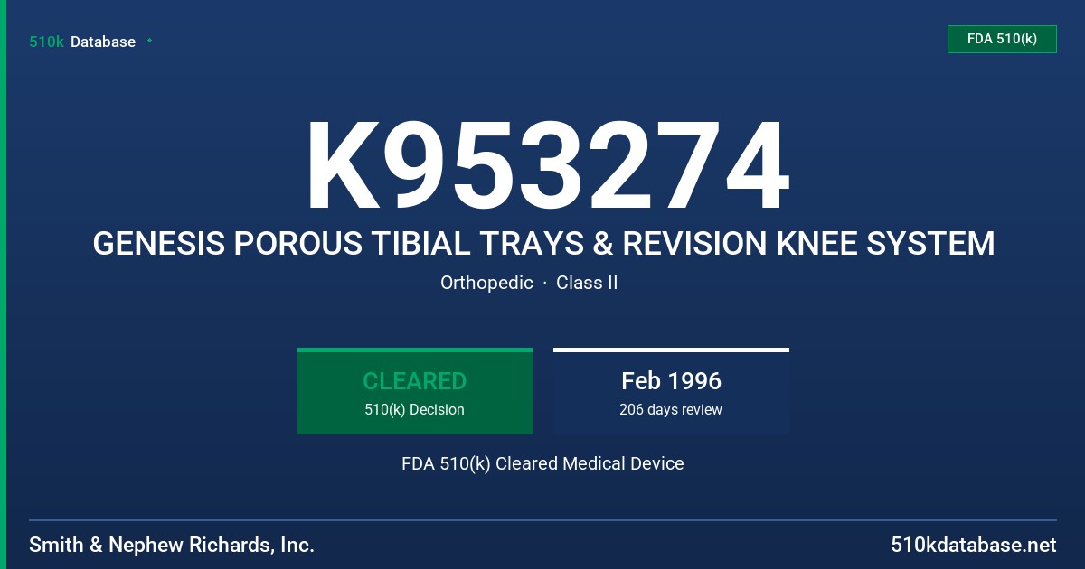 K953274 GENESIS POROUS TIBIAL TRAYS & REVISION KNEE SYSTEM FDA 510(k) Cleared Medical Device