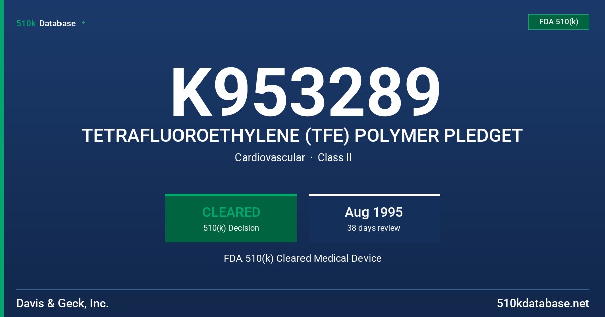 K953289 TETRAFLUOROETHYLENE (TFE) POLYMER PLEDGET FDA 510(k) Cleared Medical Device
