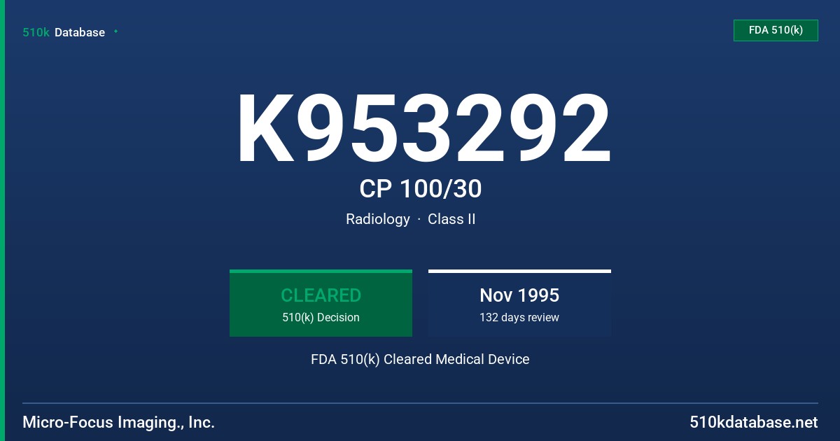 K953292 CP 100/30 FDA 510(k) Cleared Medical Device