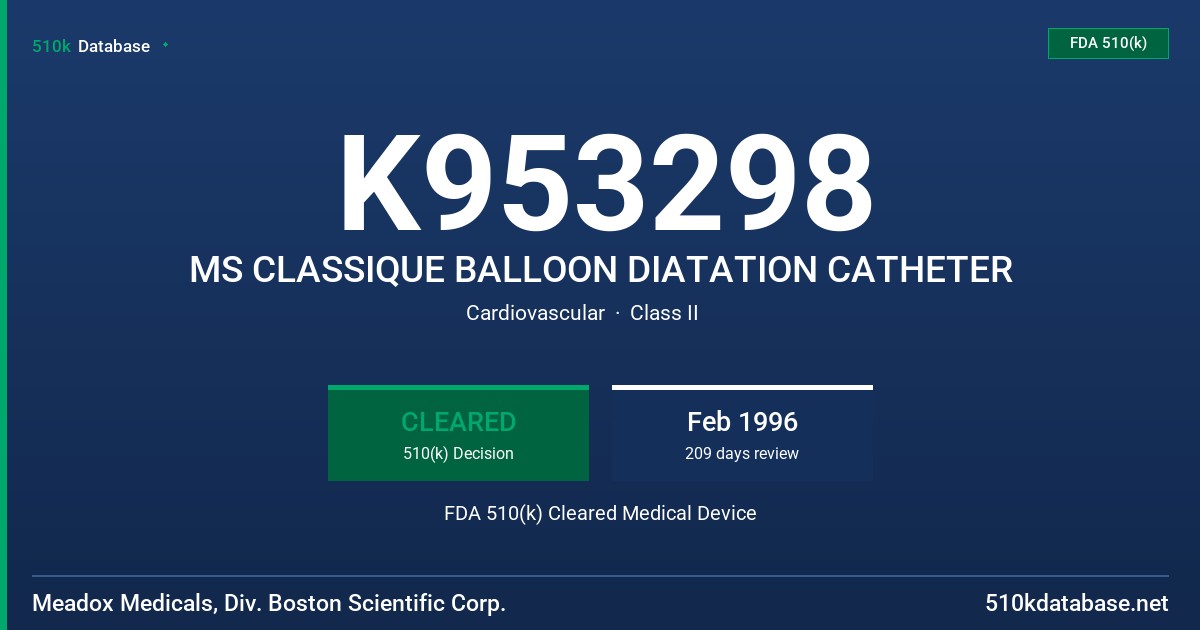 K953298 MS CLASSIQUE BALLOON DIATATION CATHETER FDA 510(k) Cleared Medical Device