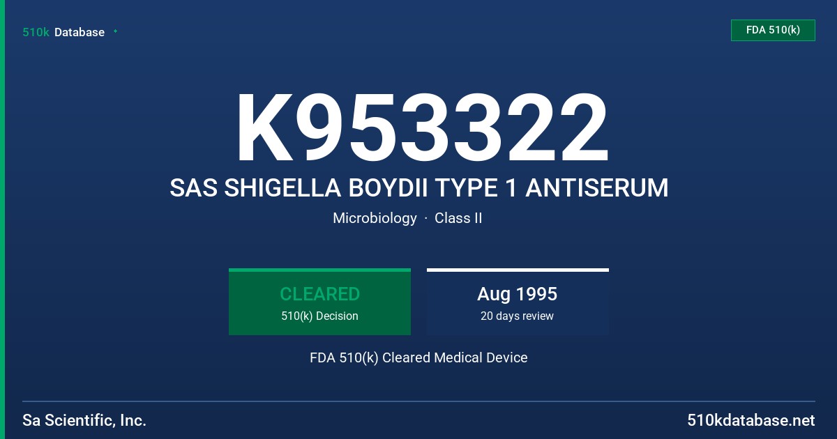 K953322 SAS SHIGELLA BOYDII TYPE 1 ANTISERUM FDA 510(k) Cleared Medical Device