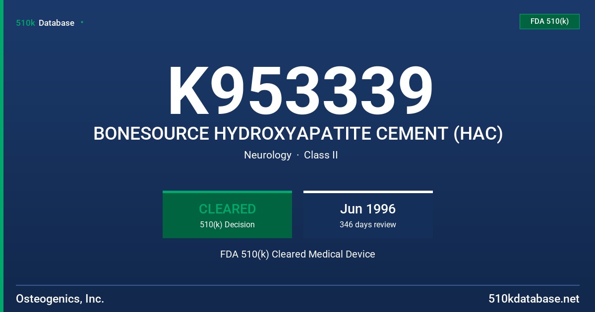K953339 BONESOURCE HYDROXYAPATITE CEMENT (HAC) FDA 510(k) Cleared Medical Device