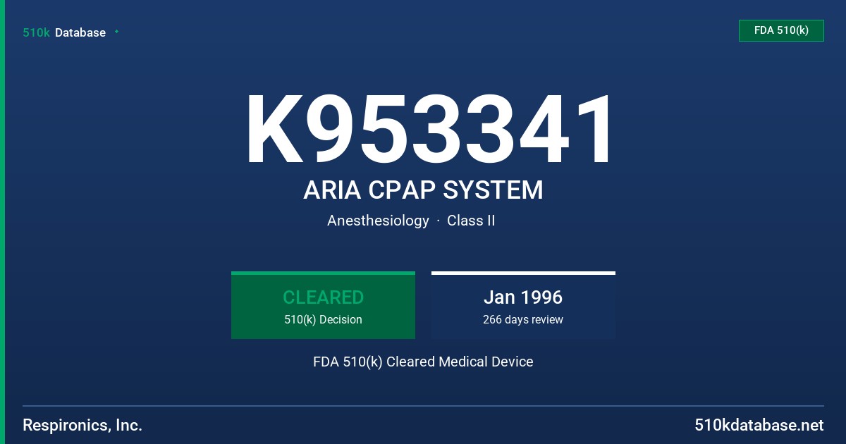 K953341 ARIA CPAP SYSTEM FDA 510(k) Cleared Medical Device