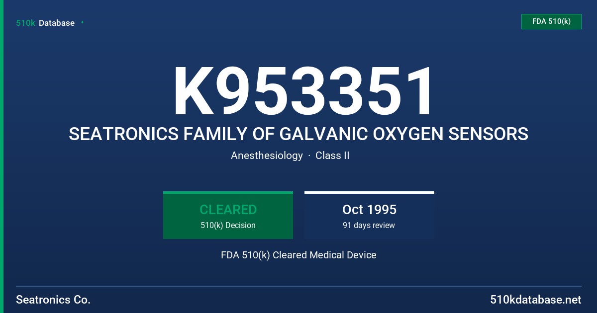 K953351 SEATRONICS FAMILY OF GALVANIC OXYGEN SENSORS FDA 510(k) Cleared Medical Device