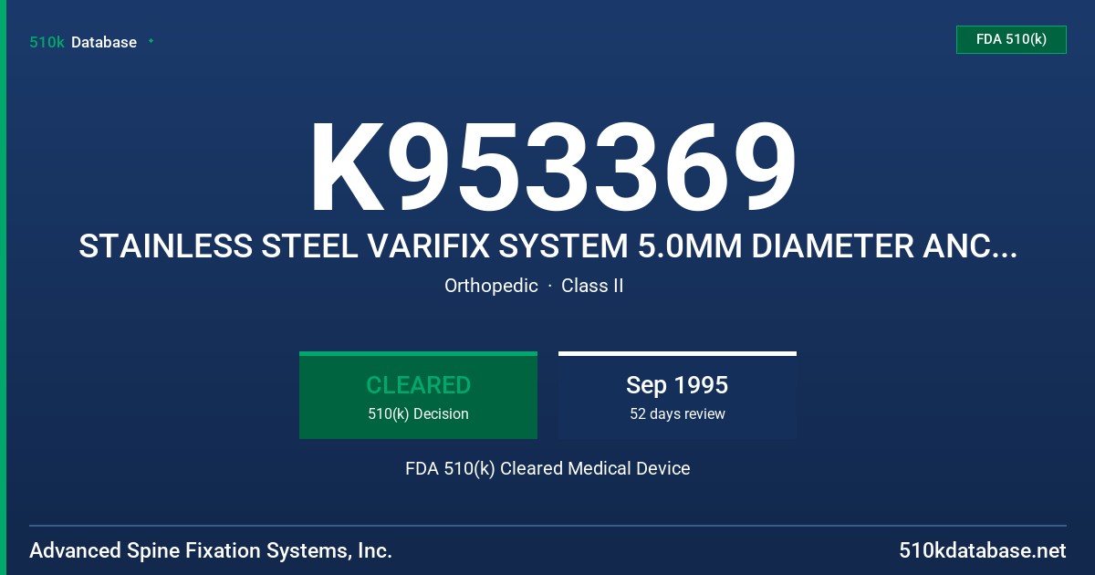 K953369 STAINLESS STEEL VARIFIX SYSTEM 5.0MM DIAMETER ANCHOR SCREW FDA 510(k) Cleared Medical Device