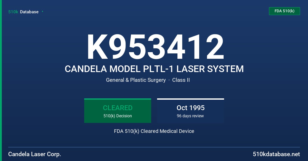 K953412 CANDELA MODEL PLTL-1 LASER SYSTEM FDA 510(k) Cleared Medical Device