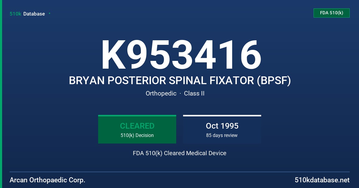 K953416 BRYAN POSTERIOR SPINAL FIXATOR (BPSF) FDA 510(k) Cleared Medical Device