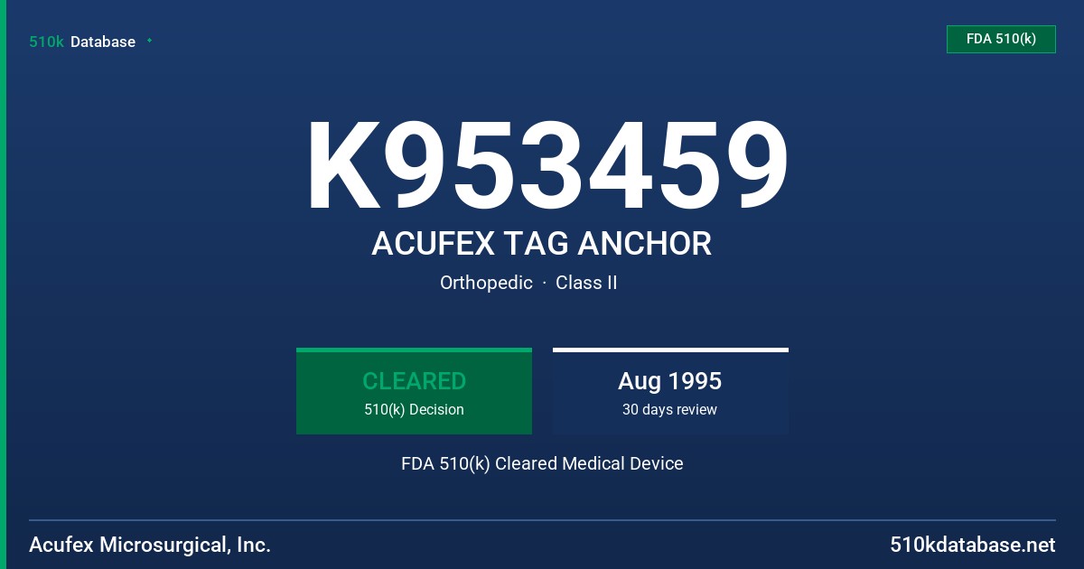 K953459 ACUFEX TAG ANCHOR FDA 510(k) Cleared Medical Device