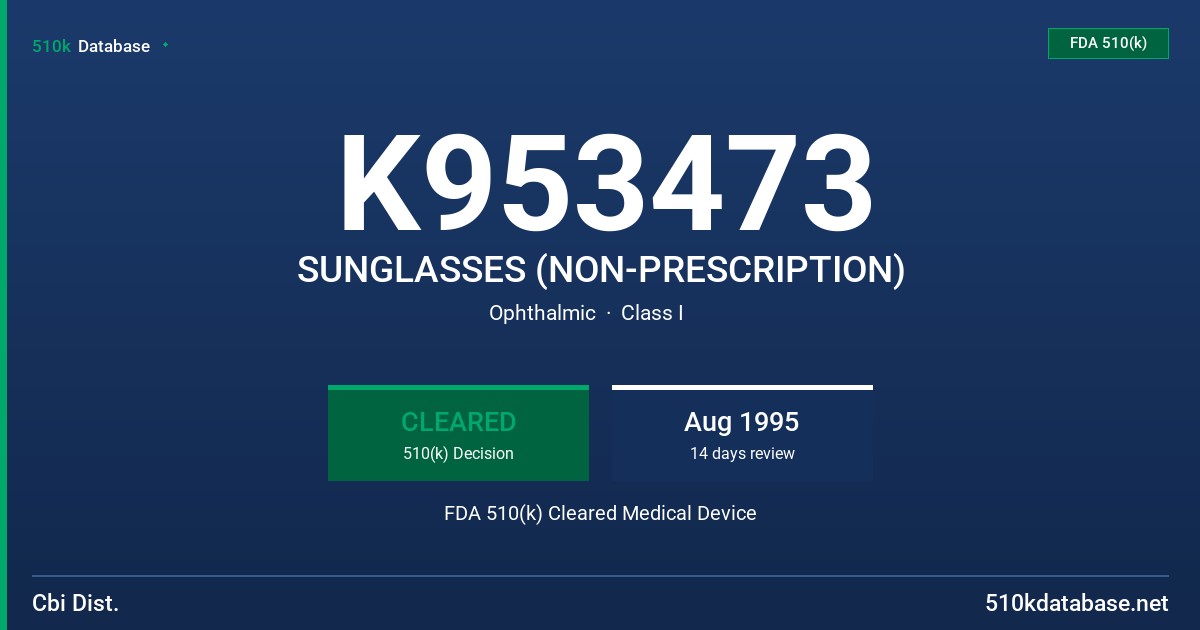 K953473 SUNGLASSES (NON-PRESCRIPTION) FDA 510(k) Cleared Medical Device