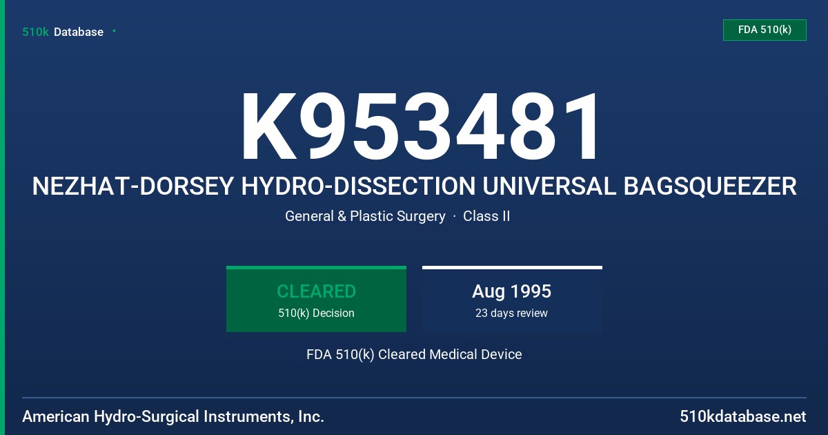 K953481 NEZHAT-DORSEY HYDRO-DISSECTION UNIVERSAL BAGSQUEEZER FDA 510(k) Cleared Medical Device