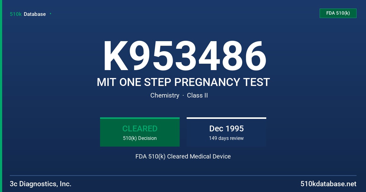 K953486 MIT ONE STEP PREGNANCY TEST FDA 510(k) Cleared Medical Device