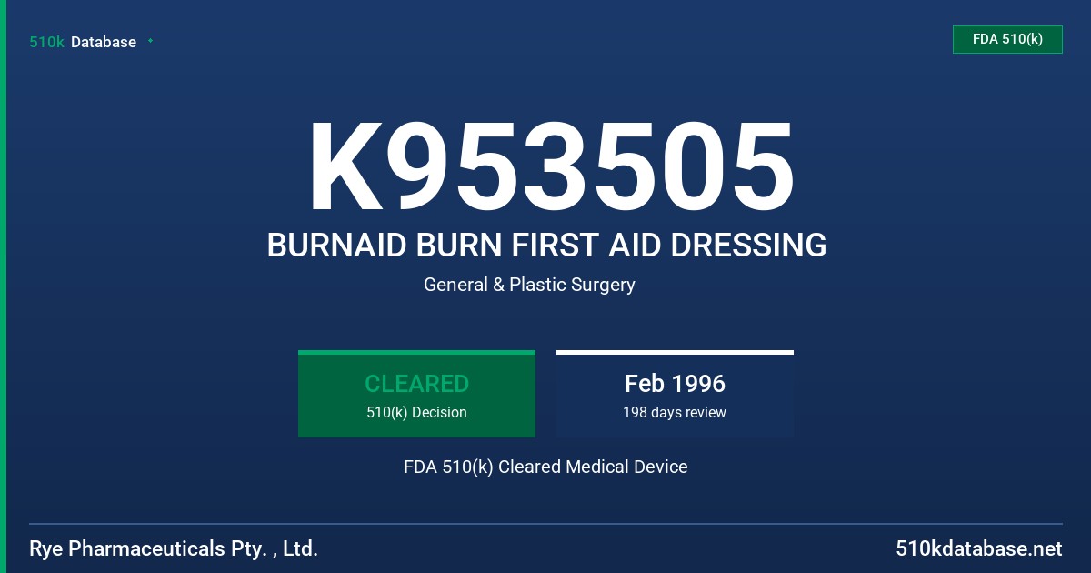 K953505 BURNAID BURN FIRST AID DRESSING FDA 510(k) Cleared Medical Device