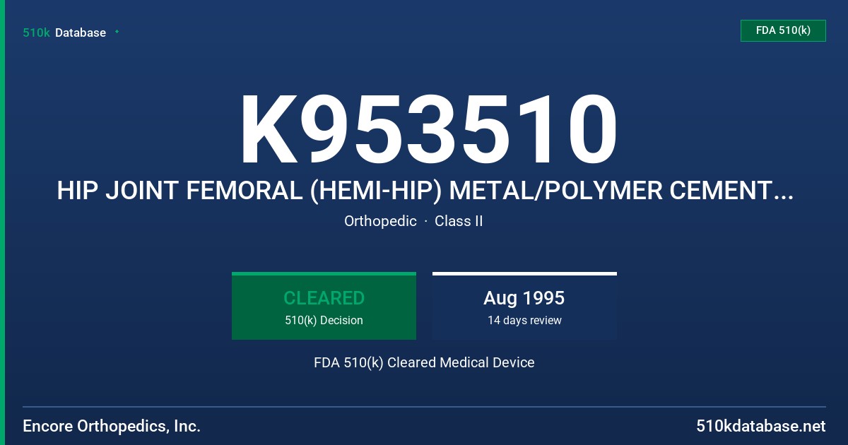 K953510 HIP JOINT FEMORAL (HEMI-HIP) METAL/POLYMER CEMENTED OR UNCEMENTED PROSTHESIS FDA 510(k) Cleared Medical Device