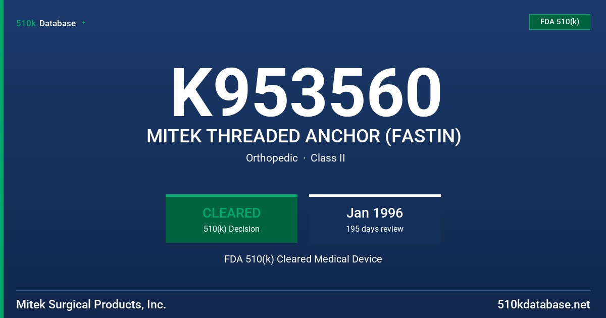 K953560 MITEK THREADED ANCHOR (FASTIN) FDA 510(k) Cleared Medical Device