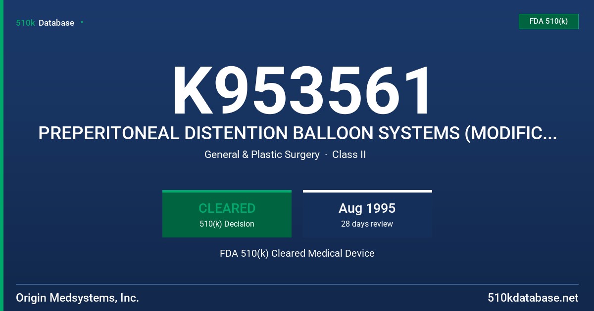 K953561 PREPERITONEAL DISTENTION BALLOON SYSTEMS (MODIFICATION) FDA 510(k) Cleared Medical Device