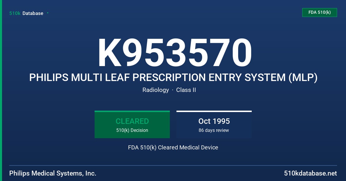 K953570 PHILIPS MULTI LEAF PRESCRIPTION ENTRY SYSTEM (MLP) FDA 510(k) Cleared Medical Device