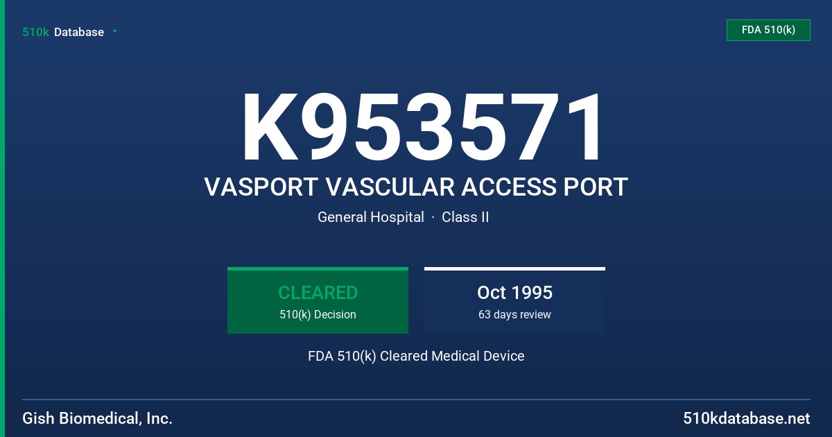 K953571 VASPORT VASCULAR ACCESS PORT FDA 510(k) Cleared Medical Device