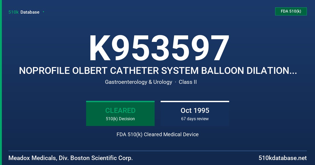 K953597 NOPROFILE OLBERT CATHETER SYSTEM BALLOON DILATION CATHETER FDA 510(k) Cleared Medical Device