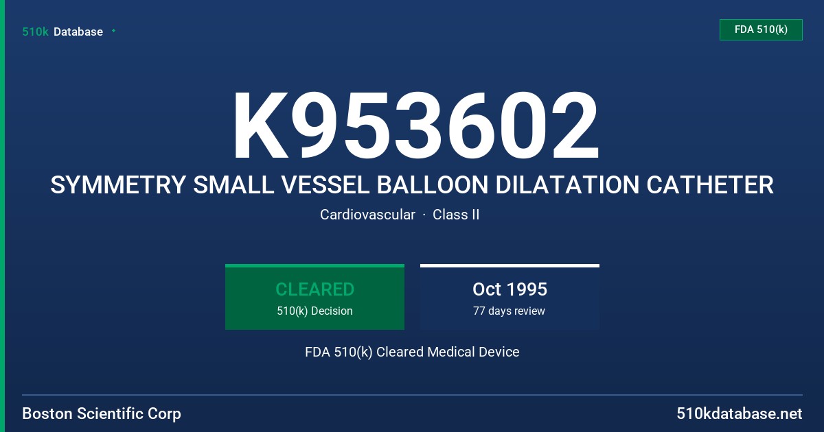 K953602 SYMMETRY SMALL VESSEL BALLOON DILATATION CATHETER FDA 510(k) Cleared Medical Device