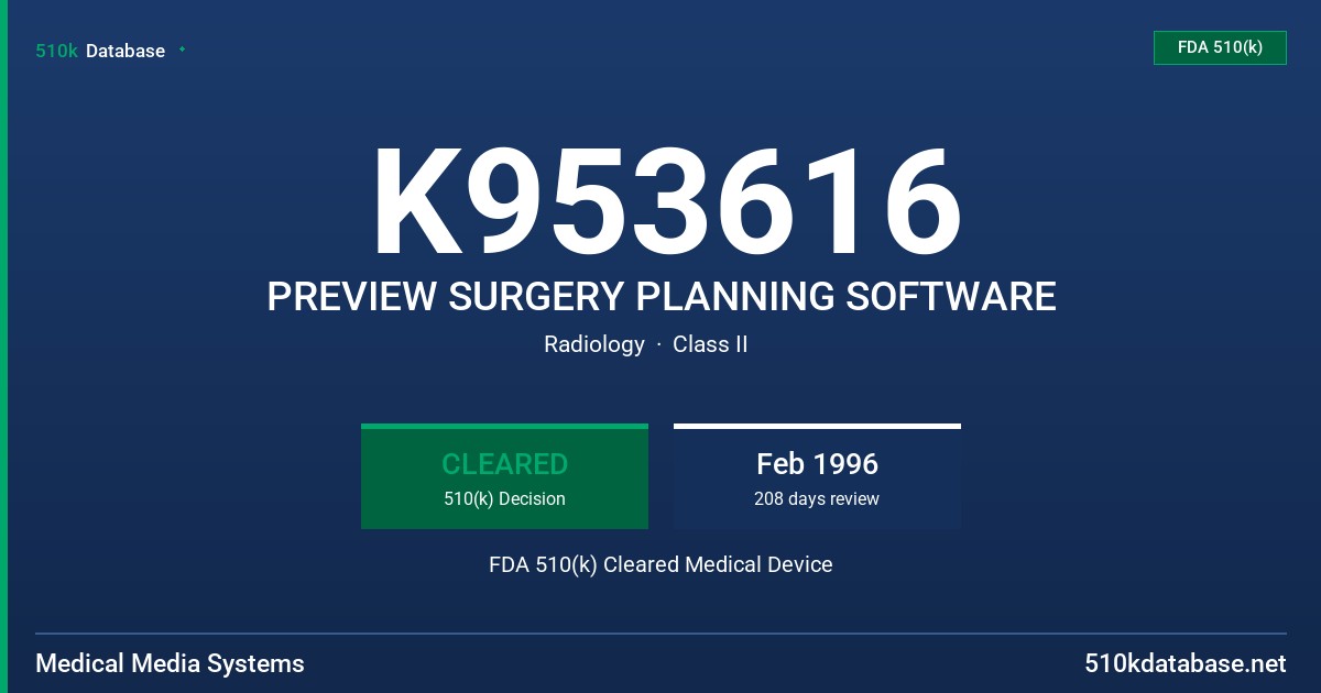 K953616 PREVIEW SURGERY PLANNING SOFTWARE FDA 510(k) Cleared Medical Device