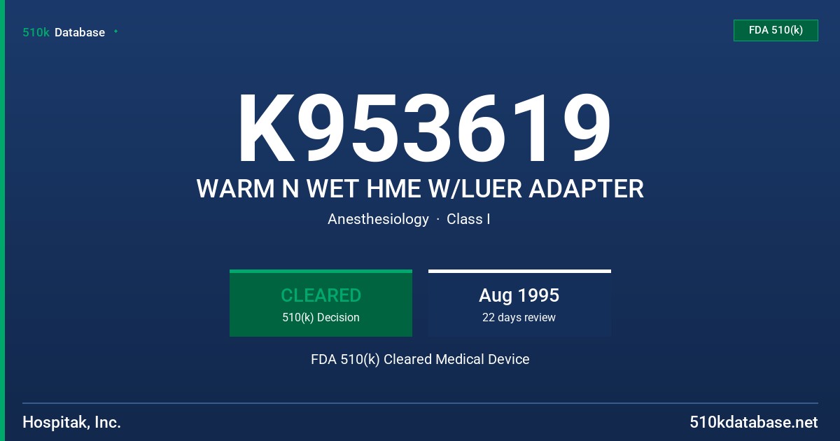 K953619 WARM N WET HME W/LUER ADAPTER FDA 510(k) Cleared Medical Device