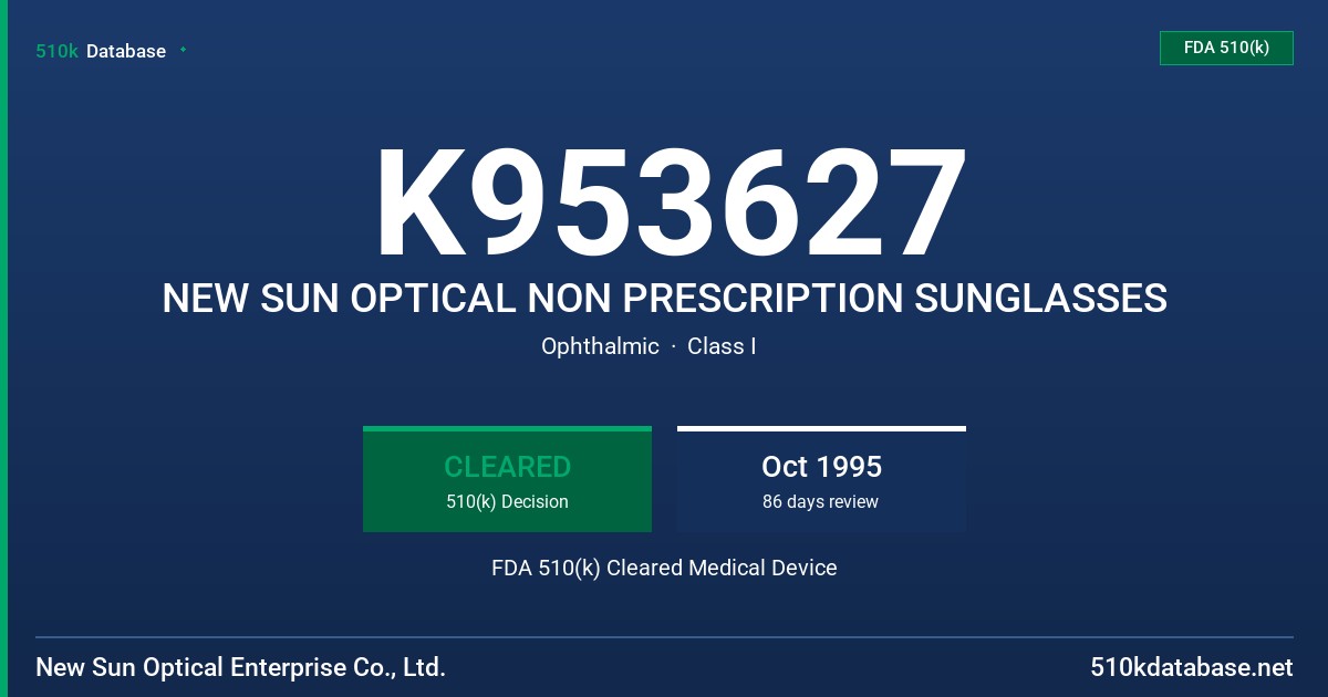 K953627 NEW SUN OPTICAL NON PRESCRIPTION SUNGLASSES FDA 510(k) Cleared Medical Device
