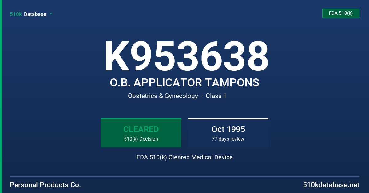 K953638 O.B. APPLICATOR TAMPONS FDA 510(k) Cleared Medical Device