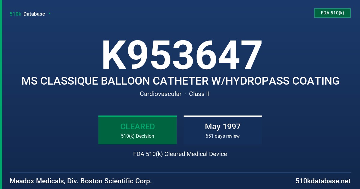 K953647 MS CLASSIQUE BALLOON CATHETER W/HYDROPASS COATING FDA 510(k) Cleared Medical Device