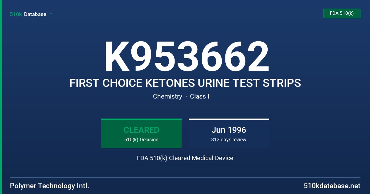 K953662 FIRST CHOICE KETONES URINE TEST STRIPS FDA 510(k) Cleared Medical Device