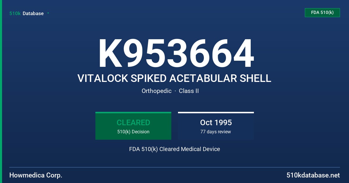 K953664 VITALOCK SPIKED ACETABULAR SHELL FDA 510(k) Cleared Medical Device