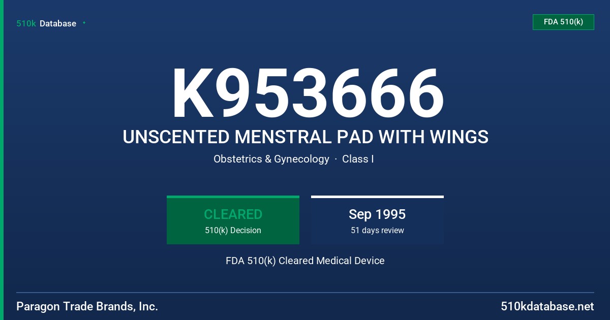 K953666 UNSCENTED MENSTRAL PAD WITH WINGS FDA 510(k) Cleared Medical Device