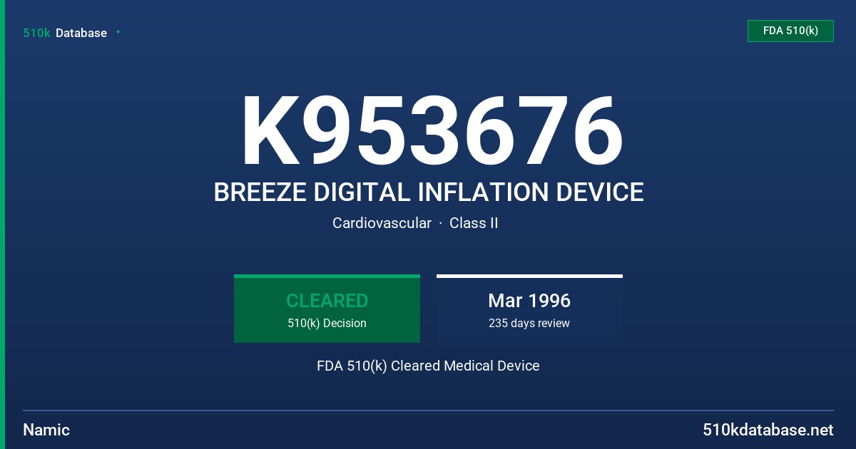 K953676 BREEZE DIGITAL INFLATION DEVICE FDA 510(k) Cleared Medical Device