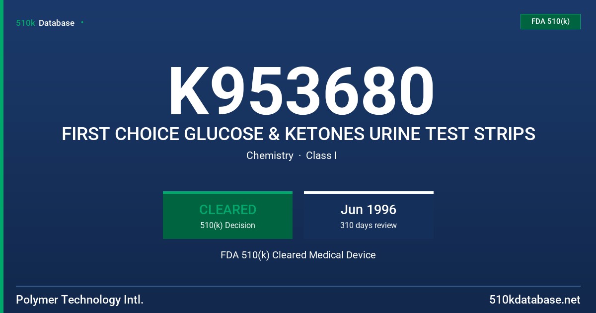 K953680 FIRST CHOICE GLUCOSE & KETONES URINE TEST STRIPS FDA 510(k) Cleared Medical Device