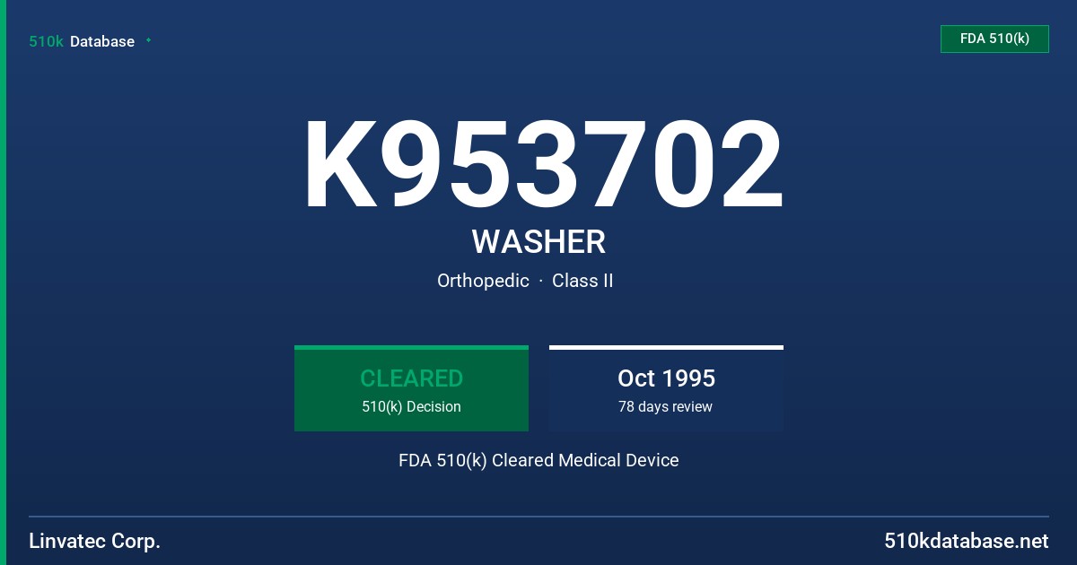 K953702 WASHER FDA 510(k) Cleared Medical Device